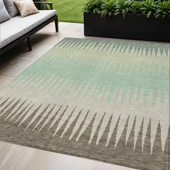 5' X 8' Artichoke Green Beige And Brown Striped Washable Indoor Outdoor Area Rug