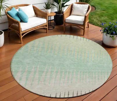 8' Artichoke Green And Beige Round Striped Washable Indoor Outdoor Area Rug