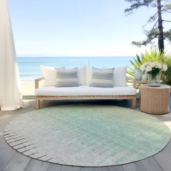 8' Artichoke Green And Beige Round Striped Washable Indoor Outdoor Area Rug