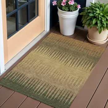3' X 5' Brown Beige And Green Striped Washable Indoor Outdoor Area Rug