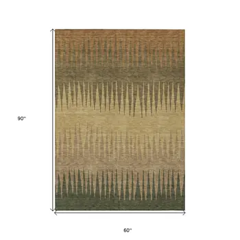 5' X 8' Brown Beige And Green Striped Washable Indoor Outdoor Area Rug