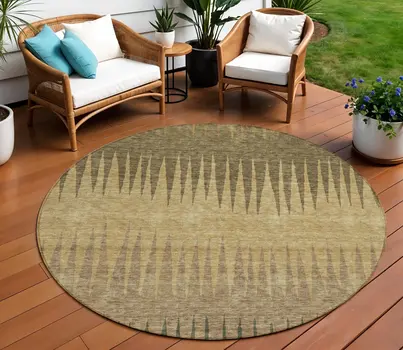 8' Brown Beige And Green Round Striped Washable Indoor Outdoor Area Rug