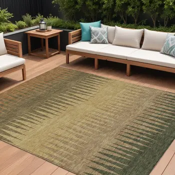 9' X 12' Brown Beige And Green Striped Washable Indoor Outdoor Area Rug