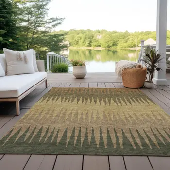 10' X 14' Brown Beige And Green Striped Washable Indoor Outdoor Area Rug
