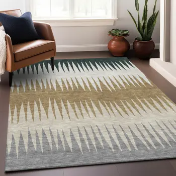 5' X 8' Charcoal Beige And Brown Striped Washable Indoor Outdoor Area Rug