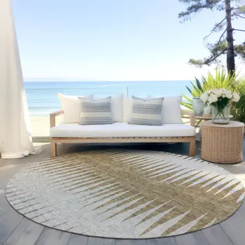 8' Charcoal Beige And Brown Round Striped Washable Indoor Outdoor Area Rug