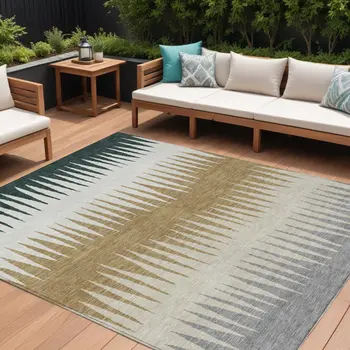9' X 12' Charcoal Beige And Brown Striped Washable Indoor Outdoor Area Rug
