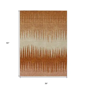 3' X 5' Copper Brown And Beige Striped Washable Indoor Outdoor Area Rug
