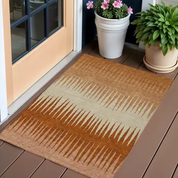 3' X 5' Copper Brown And Beige Striped Washable Indoor Outdoor Area Rug
