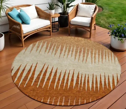 8' Copper Brown And Beige Round Striped Washable Indoor Outdoor Area Rug