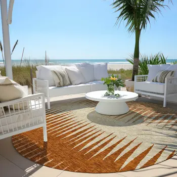 8' Copper Brown And Beige Round Striped Washable Indoor Outdoor Area Rug