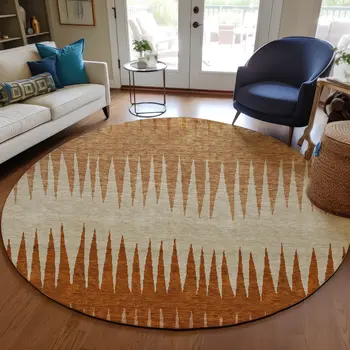 8' Copper Brown And Beige Round Striped Washable Indoor Outdoor Area Rug