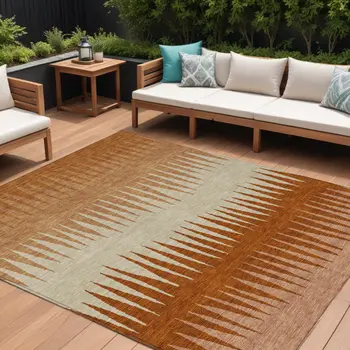 9' X 12' Copper Brown And Beige Striped Washable Indoor Outdoor Area Rug