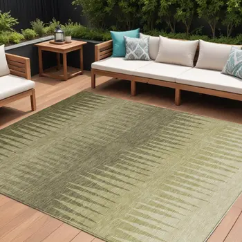 10' X 14' Green And Light Green Striped Washable Indoor Outdoor Area Rug