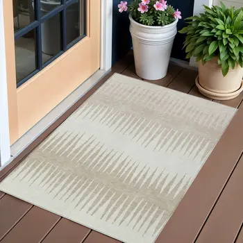 3' X 5' Ivory And Beige Striped Washable Indoor Outdoor Area Rug