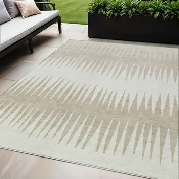 5' X 8' Ivory And Beige Striped Washable Indoor Outdoor Area Rug