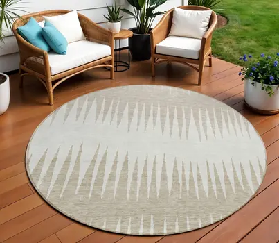 8' Ivory And Beige Round Striped Washable Indoor Outdoor Area Rug