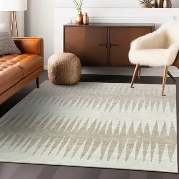 8' X 10' Ivory And Beige Striped Washable Indoor Outdoor Area Rug