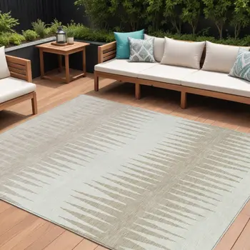 9' X 12' Ivory And Beige Striped Washable Indoor Outdoor Area Rug
