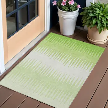 3' X 5' Lime Green And Ivory Striped Washable Indoor Outdoor Area Rug