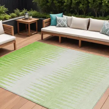 10' X 14' Lime Green And Ivory Striped Washable Indoor Outdoor Area Rug