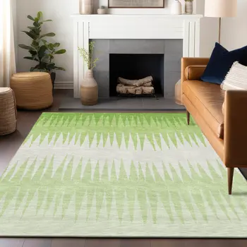 10' X 14' Lime Green And Ivory Striped Washable Indoor Outdoor Area Rug