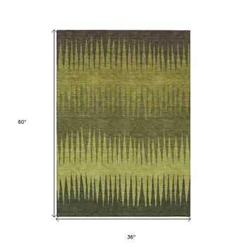 3' X 5' Olive Green Dark Green And Brown Striped Washable Indoor Outdoor Area Rug