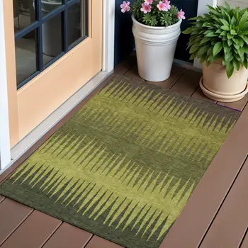 3' X 5' Olive Green Dark Green And Brown Striped Washable Indoor Outdoor Area Rug