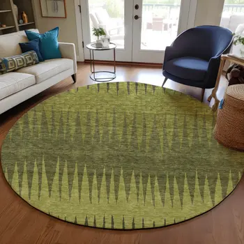 8' Olive Green And Dark Green Round Striped Washable Indoor Outdoor Area Rug