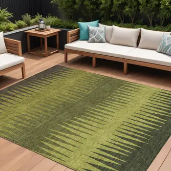 8' X 10' Olive Green Dark Green And Brown Striped Washable Indoor Outdoor Area Rug
