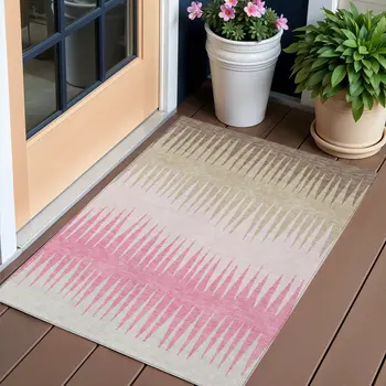 3' X 5' Pink Ivory And Brown Striped Washable Indoor Outdoor Area Rug