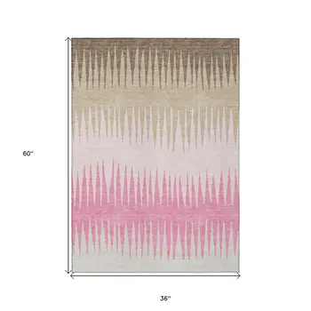 3' X 5' Pink Ivory And Brown Striped Washable Indoor Outdoor Area Rug