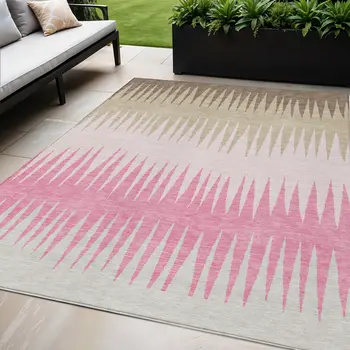 5' X 8' Pink Ivory And Brown Striped Washable Indoor Outdoor Area Rug
