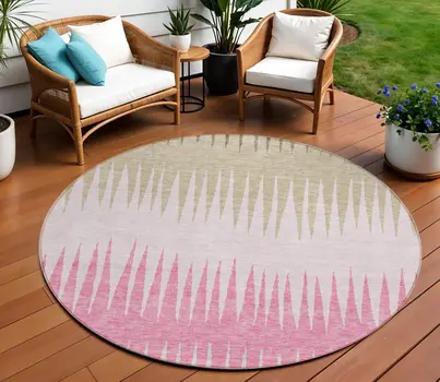 8' Pink Ivory And Brown Round Striped Washable Indoor Outdoor Area Rug