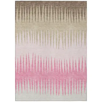 9' X 12' Pink Ivory And Brown Striped Washable Indoor Outdoor Area Rug