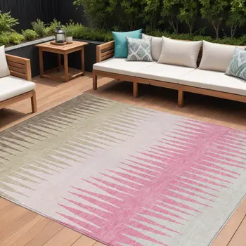 10' X 14' Pink Ivory And Brown Striped Washable Indoor Outdoor Area Rug