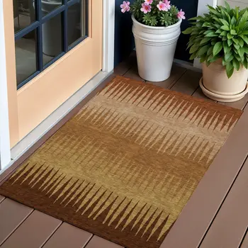 3' X 5' Copper Beige And Brown Striped Washable Indoor Outdoor Area Rug