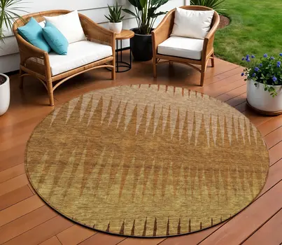 8' Copper Beige And Brown Round Striped Washable Indoor Outdoor Area Rug
