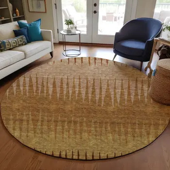 8' Copper Beige And Brown Round Striped Washable Indoor Outdoor Area Rug