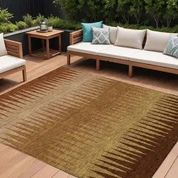 8' X 10' Copper Beige And Brown Striped Washable Indoor Outdoor Area Rug