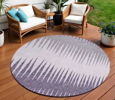 8' Purple Lavender And Gray Round Striped Washable Indoor Outdoor Area Rug