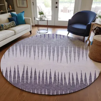 8' Purple Lavender And Gray Round Striped Washable Indoor Outdoor Area Rug