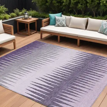 9' X 12' Purple Lavender And Gray Striped Washable Indoor Outdoor Area Rug
