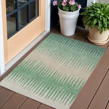 3' X 5' Sage And Gray Striped Washable Indoor Outdoor Area Rug