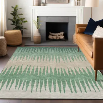 3' X 5' Sage And Gray Striped Washable Indoor Outdoor Area Rug