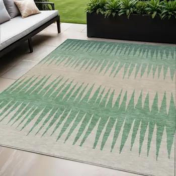 5' X 8' Sage And Gray Striped Washable Indoor Outdoor Area Rug