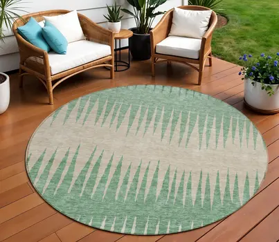 8' Sage And Gray Round Striped Washable Indoor Outdoor Area Rug