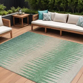 9' X 12' Sage And Gray Striped Washable Indoor Outdoor Area Rug