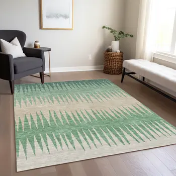 9' X 12' Sage And Gray Striped Washable Indoor Outdoor Area Rug