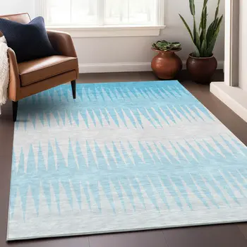 3' X 5' Sky Blue And Gray Striped Washable Indoor Outdoor Area Rug